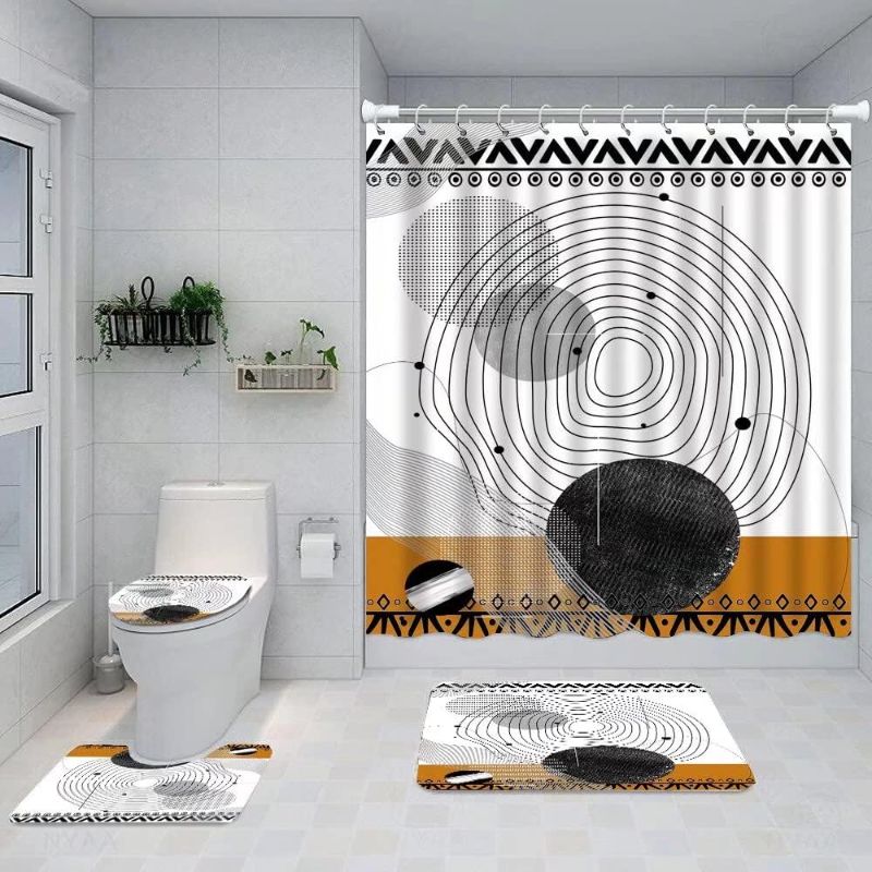 Photo 1 of 4 Pcs Boho Mid Century Geometry Shower Curtain Sets Modern Minimalistic Home Bathroom Accessory Sets Non-Slip Rugs Toilet Lid Cover U-Shaped Mat 24 Hooks Washable Durable Polyester Fabric 71"x71"
