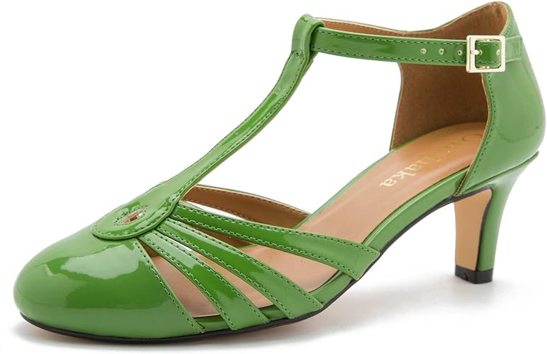 Photo 1 of  omthaka Women's & Men's T-Strap Kitten Heel Pumps Round Toe Retro Patent Mary Jane Dress Shoes Plus Size
SIZE 44