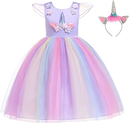 Photo 1 of BanKids Unicorn Dress For Girls Unicorn Costume Pageant Princess Party Dress with Unicorn Headband For Girls SIZE 130 (PINK NOT PURPLE)
