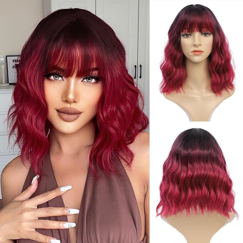 Photo 1 of FimTim Short Wavy Bob Wig with Bangs for Women - Red Synthetic Wig for Daily Use
