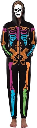 Photo 1 of yonwait Womens 3D Digital Print Jumpsuit Halloween Skeleton Hooded Costume Skull Bone Print with Pockets & Front Zipper SIZE XL/L

