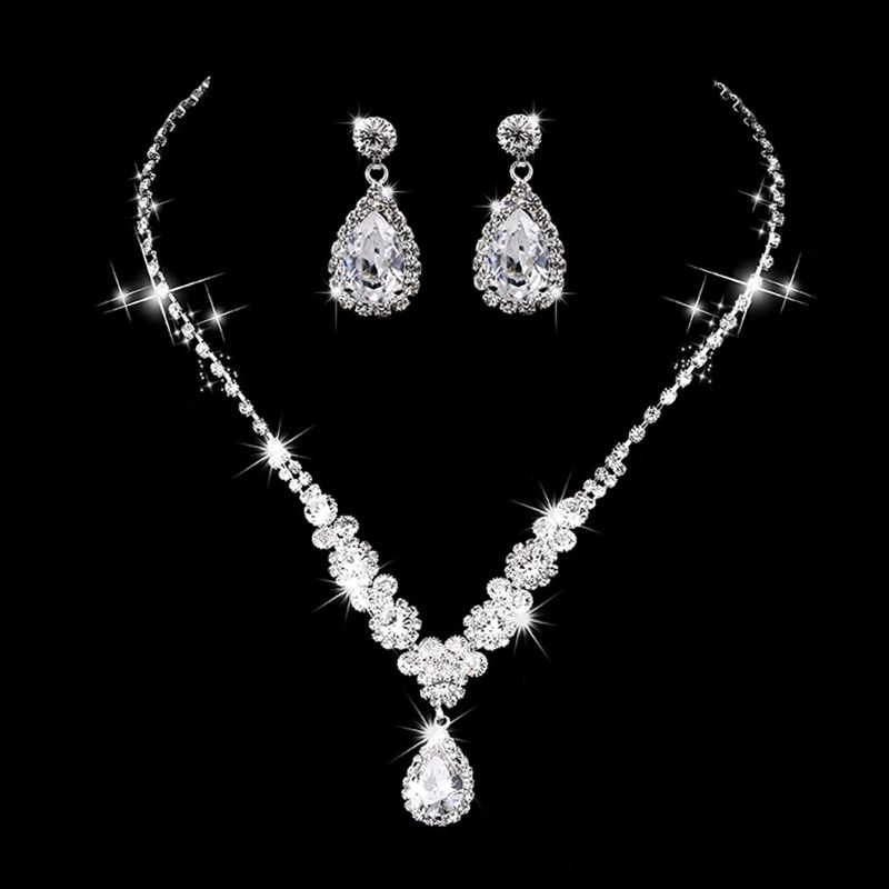 Photo 1 of Cliory Bride Silver Necklace Earrings Set Rhinestone Wedding Jewelry Set Crystal Choker Necklace for Women (Style1)
