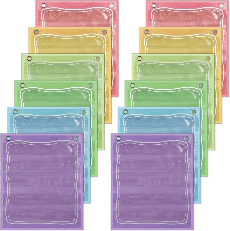 Photo 1 of 12 Pcs Pocket Chart Classroom Painted Wood Small Mini Pocket Chart Bulk 5 Pocket Chart 16.8 x 14 Inches Colorful Painted Strip Pocket Chart for Kids Calendar Pockets Word Cards Teacher Organizer
