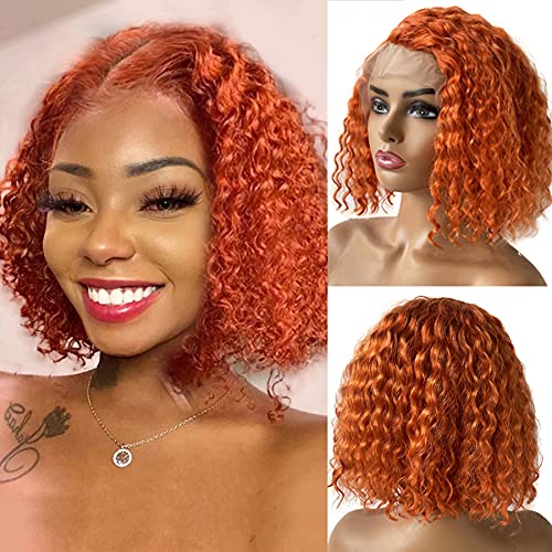 Photo 1 of Orange Human Hair Bob Wig Sider Part Ginger Colored Remy Hair Wigs Curly Deep 13x1 T Part Lace Brazilian Human Hair Wigs Preplucked Natural Hairline 14 Inch 180% Density Glueless Ginger Bob Wigs
