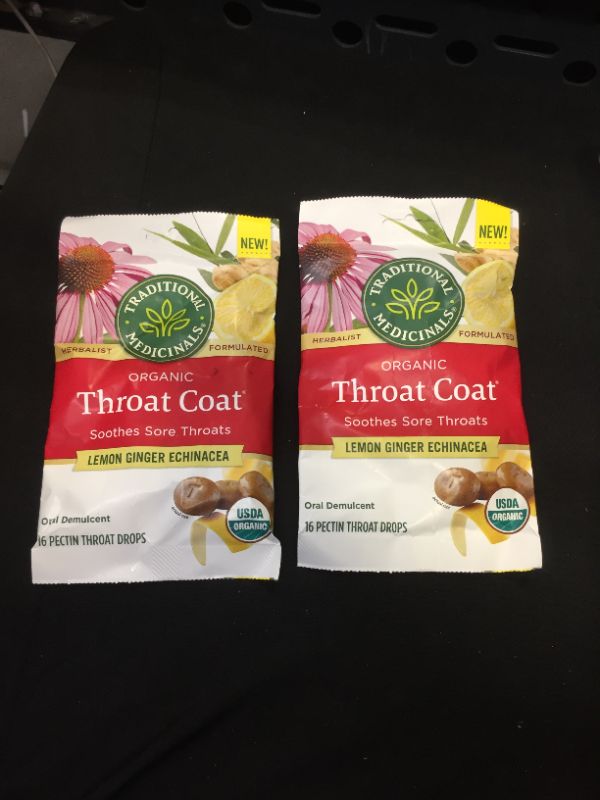 Photo 2 of 2 PACK--Traditional Medicinals Throat Coat Organic Pectin Throat Drops, Lemon Ginger Echinacea, Soothes Sore Throats, 16ct.- BEST BY- 11/2025