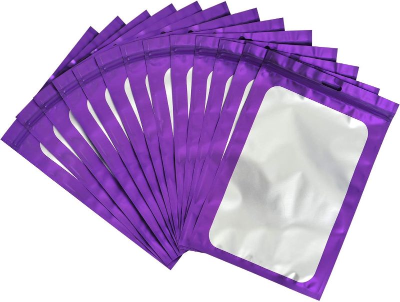 Photo 1 of 100-pack mylar packaging bags for small business sample bag smell proof resealable zipper pouch bags jewelry food Lip gloss eyelash phone case bracelet keychain package supplies etc -front frosted window -cute (Purple, 4.13×5.91 inches)
