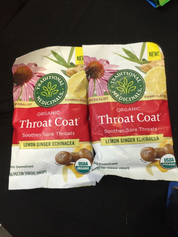 Photo 2 of 2 PACK --Traditional Medicinals Throat Coat Organic Pectin Throat Drops, Lemon Ginger Echinacea, Soothes Sore Throats, 16ct.- BEST BY -11/2025