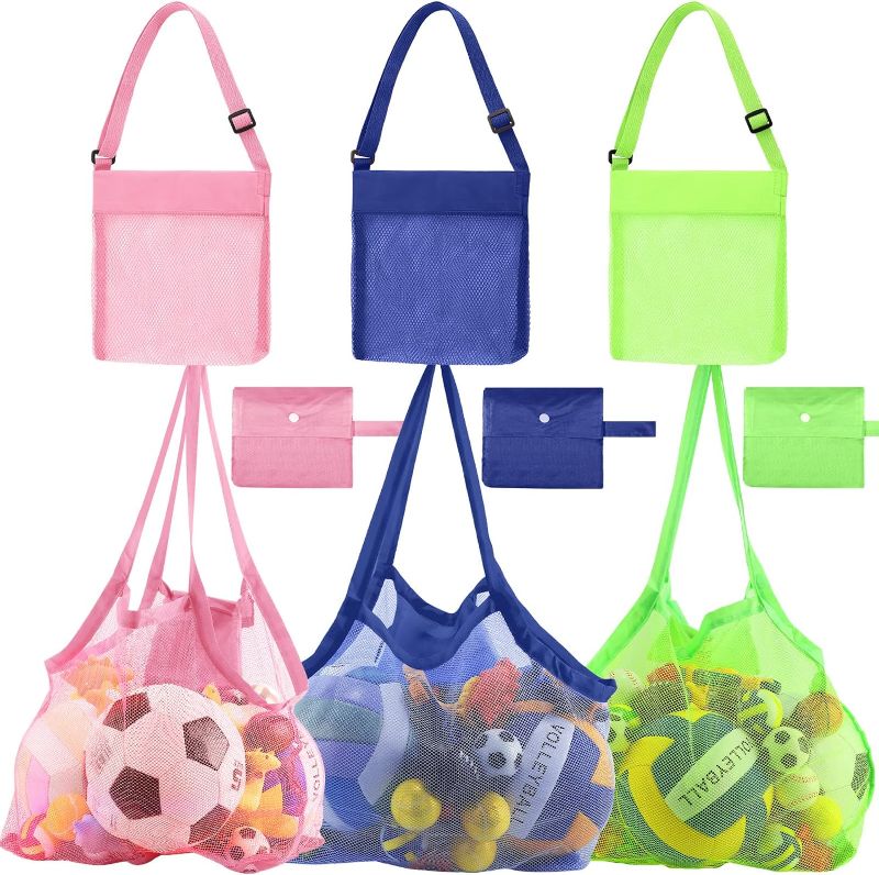 Photo 1 of 6 Pieces Mesh Beach Bags Large and Small Mesh Beach Bag Colorful Beach Toy Bag Shell Totes Away from Sand, 2 Sizes (Navy, Pink, Green)
