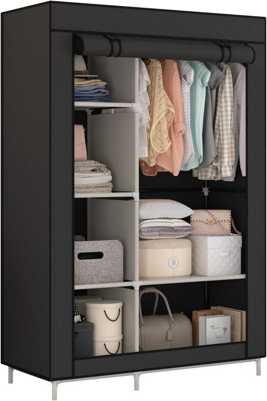 Photo 1 of Calmootey Closet Storage Organizer,Portable Wardrobe with 6 Shelves and Clothes Rod,Non-Woven Fabric Cover with 4 Side Pockets,Black
