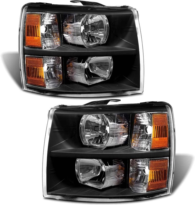 Photo 1 of ADCARLIGHTS 2007 2008 2009 2010 2011 2012 2013 2014 Chevy Silverado Headlight Assembly for 07-13 Silverado 1500/07-14 2500HD 3500HD Clear Lens Black Housing Amber Reflector Headlamp Replacement OE Replacement B-Black Housing Amber Reflector Clear Lens