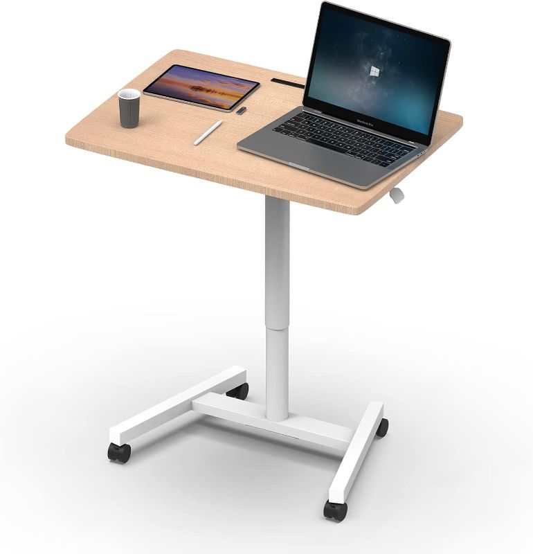 Photo 1 of MPETAPT Rolling Desk 28" Height Adjustable Mobile Standing Desk with Tablet Slot, Rolling Standing Laptop Mobile Desk Cart Coffee Table with Wheels, Height Adjustable from 29.52" to 44.8" Bamboo Wood