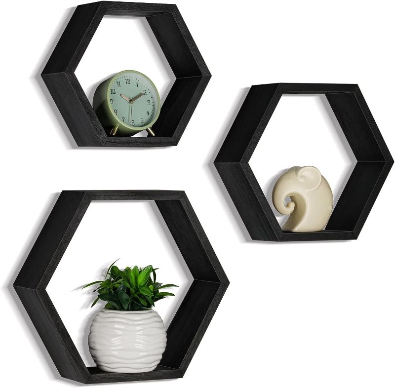 Photo 1 of YBING Hexagon Floating Shelves Wall Mounted Set of 8 Wooden Hexagonal Shelves for Wall Storage Honeycomb Shelves for Bedroom Living Room Office Bathroom Laundry Wall Decor, White