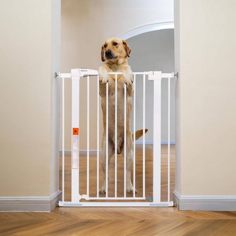 Photo 1 of BABELIO 36" Extra Tall Dog Gate, 26-40 Inch Wide Baby Gate, Pressure Mounted Metal Pet Gate, Easy Install No Drilling, No Tools Required, with Wall Protectors and Extenders (White)
