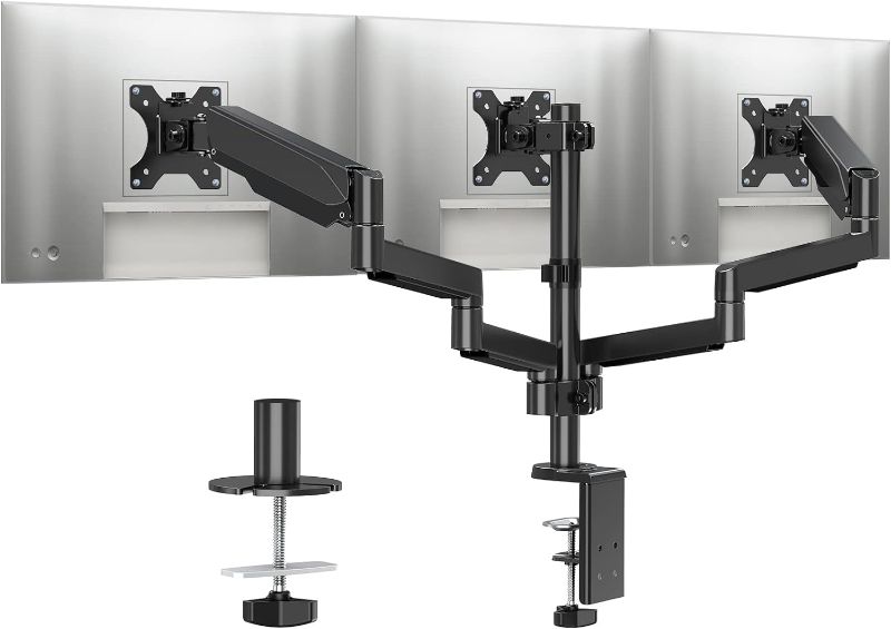 Photo 1 of MOUNTUP Triple Monitor Stand Mount, 3 Monitor Desk Mount for Three Max 27 Inch Computer Screen, 2.2-17.6lbs Heavy Duty Gas Spring Triple Monitor Arm Holder, VESA Bracket With Clamp/Grommet Base, Black