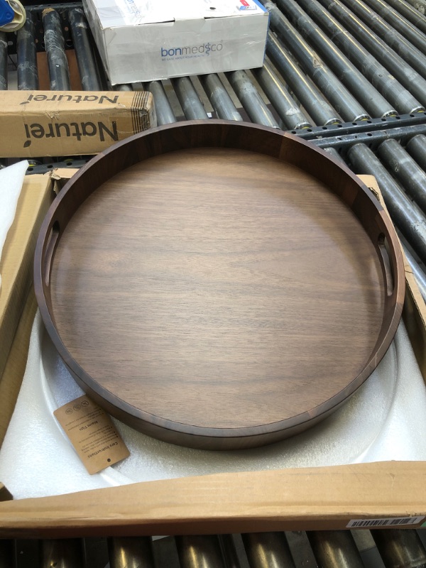 Photo 2 of 16" Large Round Wooden Serving Tray with 2”Sides, Circle Walnut Food Storage Display Platter Plate with Handles, Decorative Wood Tray for Coffee Table, Ottoman, Vanity, Kitchen, Bathroom
