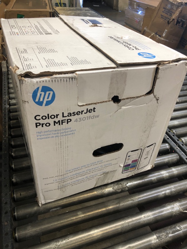 Photo 1 of HP Color LaserJet Pro MFP 4301fdw Wireless Printer, Print, scan, copy, fax, Fast speeds, Easy setup, Mobile printing, Advanced security, Best-for-small teams, white, 16.6 x 17.1 x 15.1 in
OPEN BOX ITEM 