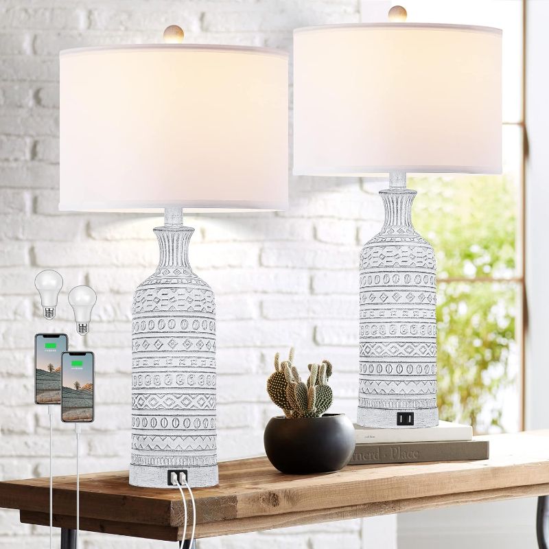 Photo 1 of 27" Modern Ceramic Table Lamp Set of 2, Farmhouse Boho Bedside Lamps with USB Ports, 3-Color Temperature Nightstand Lamp White Linen Shade for Living Room Bedroom Home Office (LED Bulbs Included)
