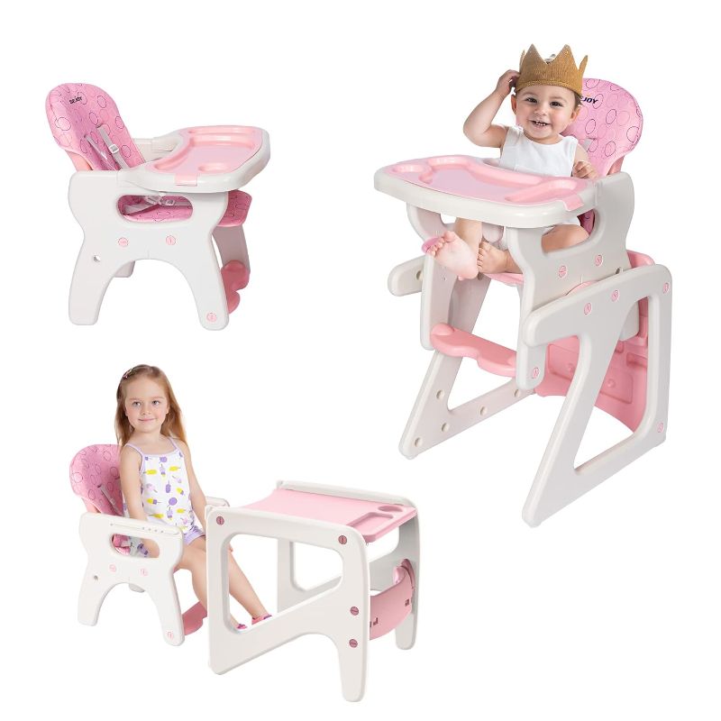 Photo 1 of 3-in-1 Baby High Chair with Adjustable Seat Back Detachable Seat Cushion and Double Removable Tray for Baby Toddlers 6 Months to 6 Years, Pink
