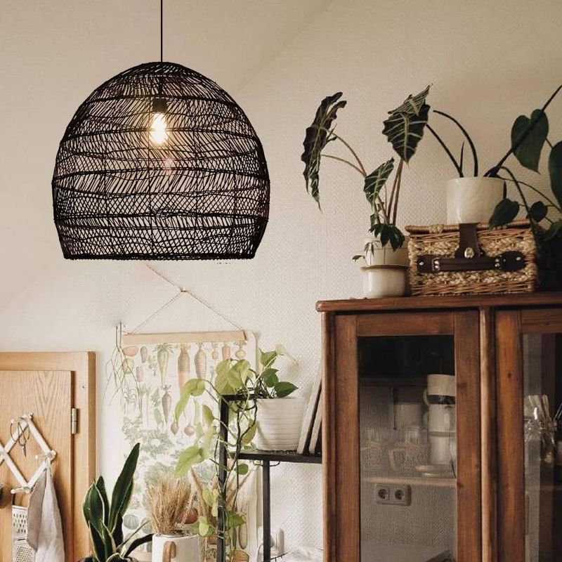 Photo 1 of Arturesthome Kitchen Island Light, Rattan Woven Pendant Light Shades, Handmade Hanging Ceiling Lamp Crafts Basket Lampshade (45cmx45cm, Black) 45cm*45cm Black