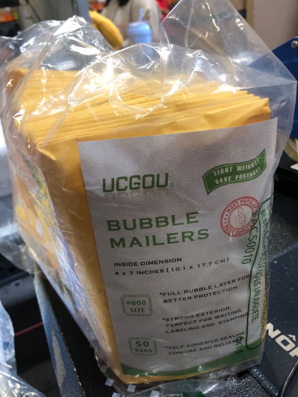 Photo 1 of UCGOU Kraft Bubble Mailers 4x8 Inch 50 Pack Yellow Padded Envelopes #000 Small Business Mailing Packages Self Sealing Tear Resistant Boutique Bulk Mail Shipping Bags for Jewelry Makeup Supplies