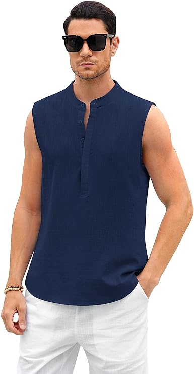 Photo 1 of Aoysky Men Tank Top Henley Shirts Sleeveless Cotton Linen Casual Summer Beach Hippie Tops Button Tunic -- Size XL
