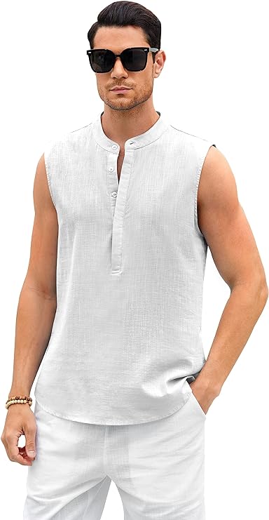 Photo 1 of Aoysky Men Tank Top Henley Shirts Sleeveless Cotton Linen Casual Summer Beach Hippie Tops Button Tunic -- Size Large 