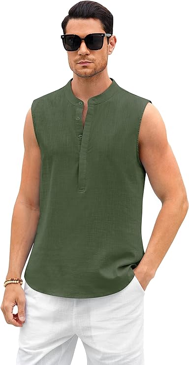 Photo 1 of Aoysky Men Tank Top Henley Shirts Sleeveless Cotton Linen Casual Summer Beach Hippie Tops Button Tunic -- Size 2XL
