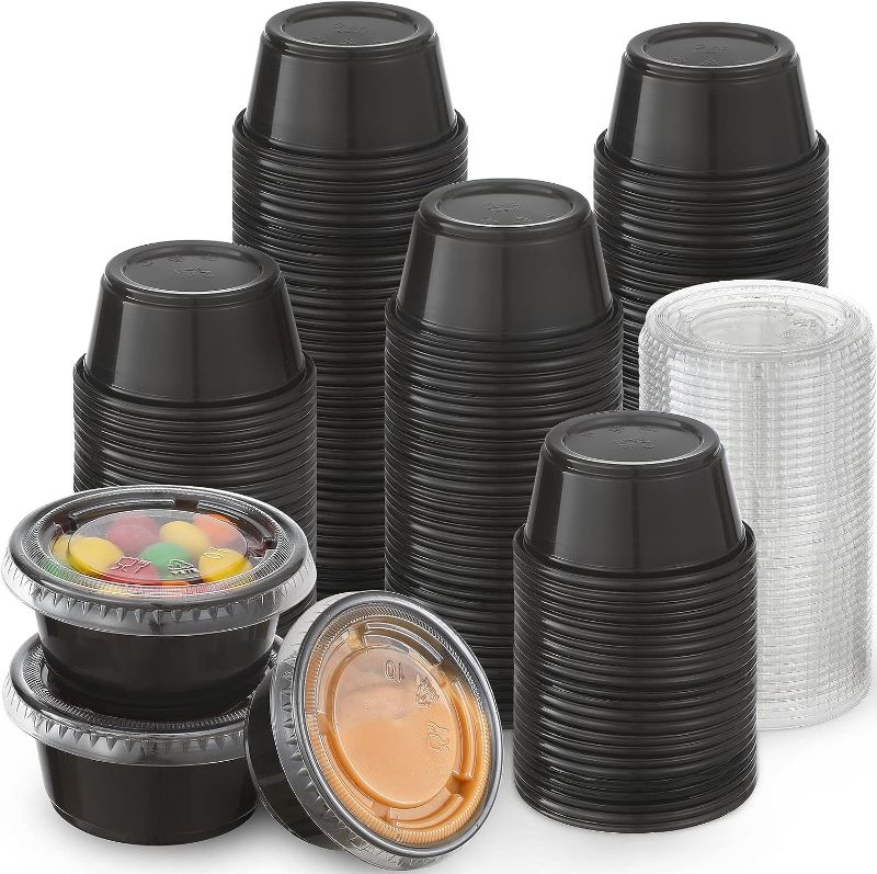 Photo 1 of [130 Sets - 2 Oz ] Black Plastic Portion Cups, Jello Shot Cups, Small Plastic Containers with Lids, Airtight Salad Dressing Container, Dipping Sauce Cups, Condiment Cups for Lunch, Party to Go, Trips
