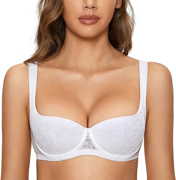 Photo 1 of DOBREVA Women's Balconette Bra Sexy Lace Demi Underwire Shelf Plus Size Lightly Padded Wide Straps 40D
