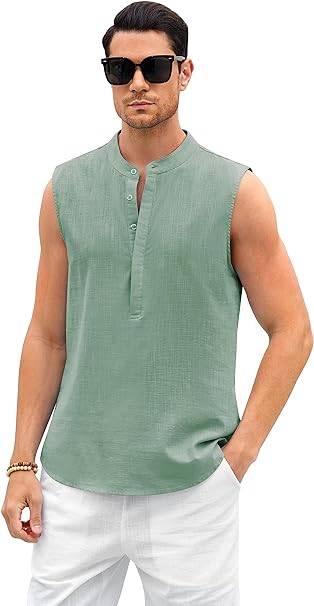 Photo 1 of Aoysky Men Tank Top Henley Shirts Sleeveless Cotton Linen Casual Summer Beach Hippie Tops Button Tunic S
