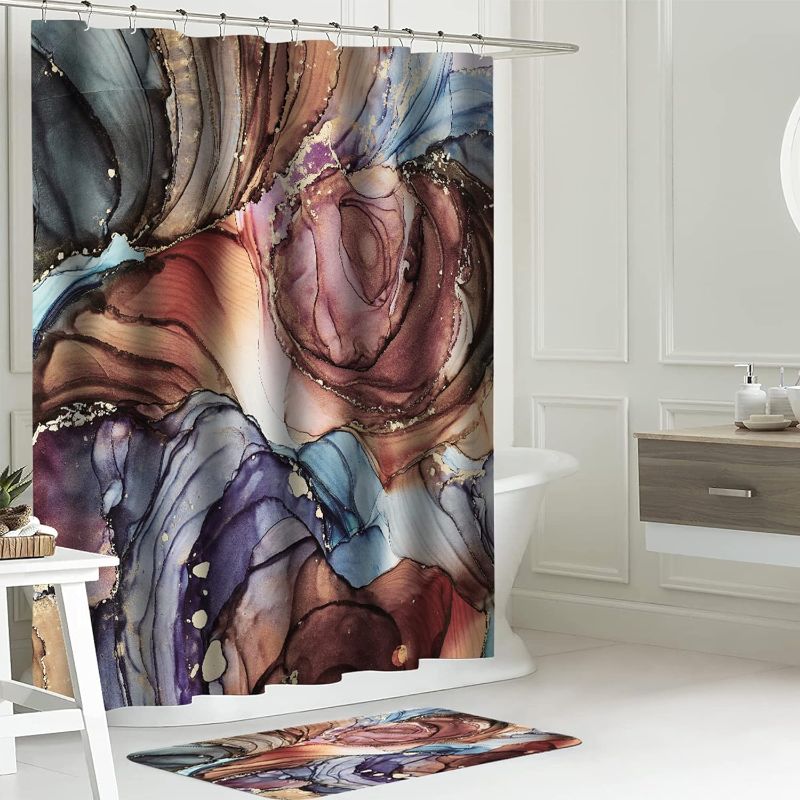 Photo 1 of 15 Pieces | Marble Shower Curtain Set for Bathroom Decor | Includes Shower Curtain, Liner, Non-Slip Bathmats and 12 Hooks | Luxury Abstract Neutral Multi Watercolor Marble Bath Curtains, Red/Blue/Gold
