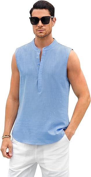 Photo 1 of Aoysky Men Tank Top Henley Shirts Sleeveless Cotton Linen Casual Summer Beach Hippie Tops Button Tunic M
