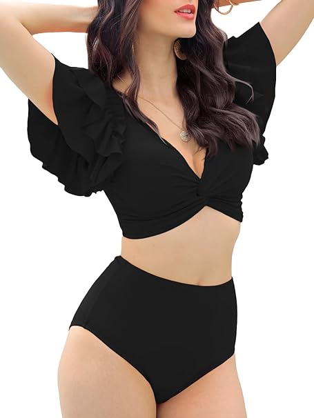 Photo 1 of Farktop Womens Two Piece Swimsuit High Waisted Push Up Bikini Sets V Neck Ruffle Sleeve Twist Front Bathing Suit Black
