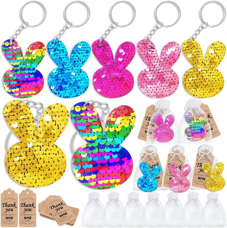 Photo 1 of CiciBear 60 Pack Double-Deck Rabbit Sequin Keychain Set with 20 Rabbit Keychains, 20 Thank You Tags and 20 Gift Bags for Bunny Party, Kids and Adult Birthday, Farm Animal Baby Shower, Easter,5 Colors
