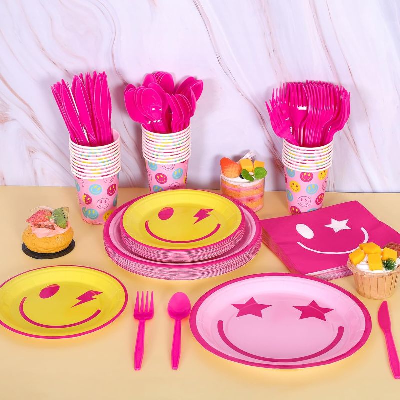Photo 1 of 149  Pieces Preppy Smiley Face Party Tableware Set Paper Smile Face Plates Napkins Paper Cups Cutlery for Preppy Birthday Party Supplies Baby Shower Decor, Serve 30 Guest
