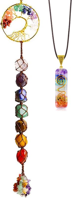 Photo 1 of DRIDOUAM Tree of Life 7 Chakra Stones Healing Crystals Hanging Ornament Window Ornament Car Hanging Ornament with Crystal Stone Necklace for Home Decor Christmas Decor (Round-Shaped 01, Golden)
