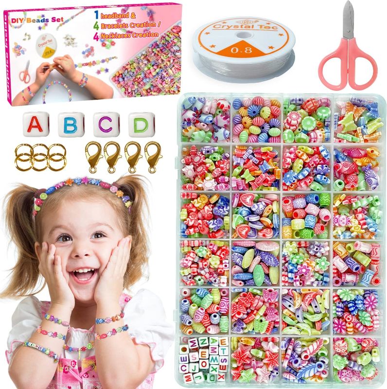 Photo 1 of 24 Styles Clay Beads for Jewelry Making, 900 Pcs Acrylic Clay Bead Kit with Animal Beads, Square and Letter Beads, Elastic Cords, Headband-Clay Beads Kit Jewelry Making DIY Craft Bracelets Necklace
