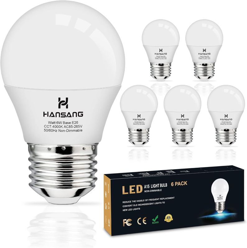 Photo 1 of hansang E26 Ceiling Fan Light Bulbs, 4000K Natural Daylight, 60 Watts Equivalent, A15 LED Small Light Bulb, E26 Standard Base Refrigerator Light Bulb, 600lm, 120V, CRI85+, 120V, Non-Dimmable 6 Pack
