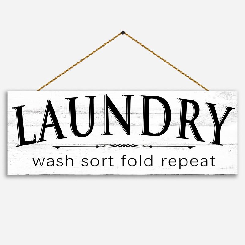 Photo 1 of 1 KINGO Rustic Canvas Prints Laundry Signs - Farmhouse Themed Laundry Room Decor - Laundry Wall Plaque with Quotes Wash Sort Fold Repeat for Home Decoration 6" x 15"
