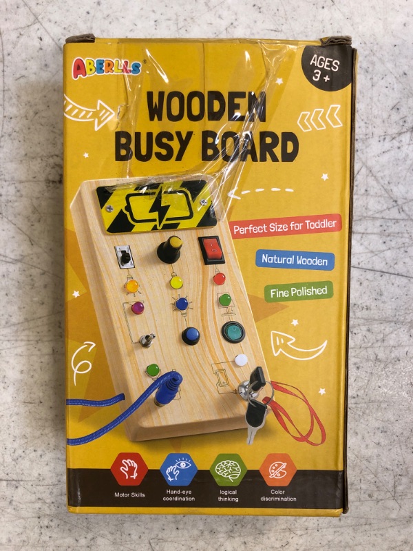 Photo 2 of Busy Board with 8 LED Light, Montessori Toys for Toddlers 1 2 3 Year Old, Sensory Toys with Light Switches for Ages 1-3 Kids Boys Girls, Wooden Busy Board for Educational Activities, Ideal Travel Toys Busy board with LED