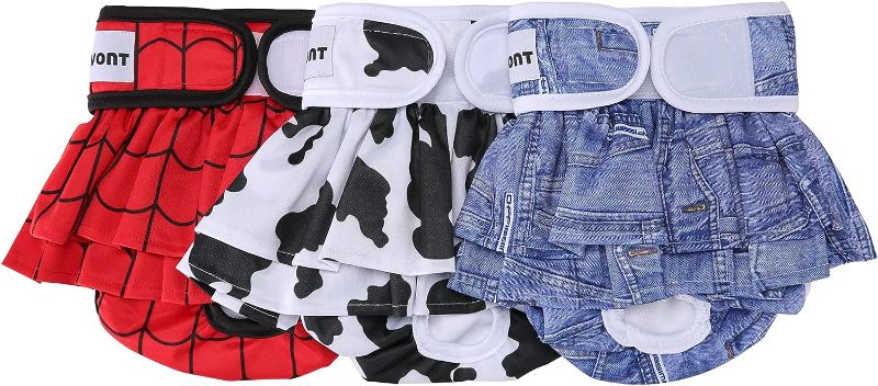 Photo 1 of Avont 3 Pack Washable Dog Diapers Female (S/8-13.5"), Reusable Dog Period Diapers Cover, Female Dog Diapers for Heat Cycle, Incontinence, Girl Dog Diapers Dress -Web/Milk/Jeans
