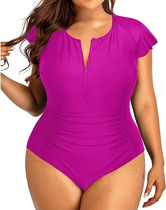 Photo 1 of Holipick Plus Size One Piece Swimsuit for Women Tummy Control Cap Sleeves Bathing Suits Zipper 1 Piece Rash Guard Swimwear -- Size 20W