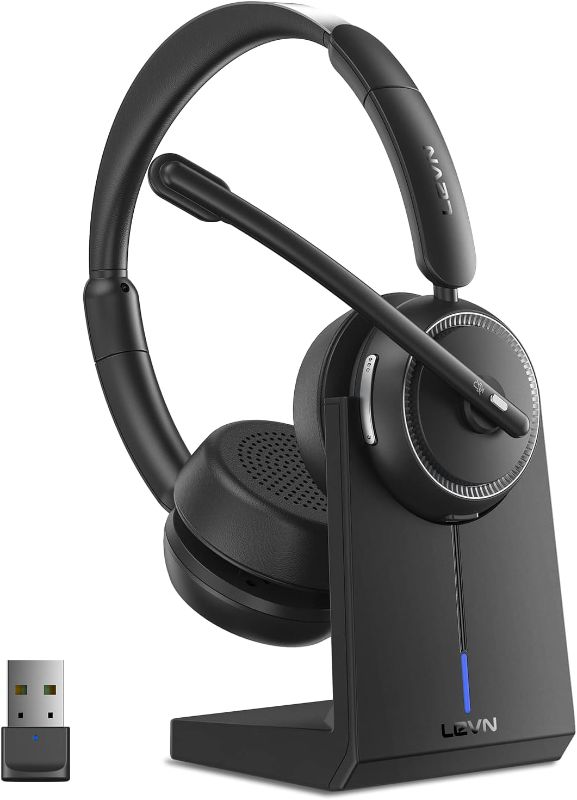 Photo 1 of LEVN Wireless Headset, Bluetooth Headset with Noise Canceling Microphone & Charging Base, 65 Hrs Working Time 2.4G Wireless Headset with Microphone for PC/Laptop/Computer/Remote Work/Call Center/Zoom
