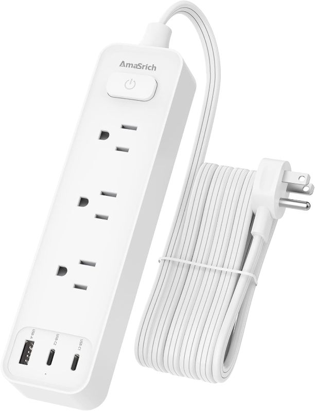 Photo 1 of 1875W Power Strip with USB 2 C Ports - Surge Protector Power Strip with 3 AC Outlets & 3 USB - Flat Plug Extension Cord with Mounting Holes, 5ft - Perfect for Home, Office, Kitchen Use
