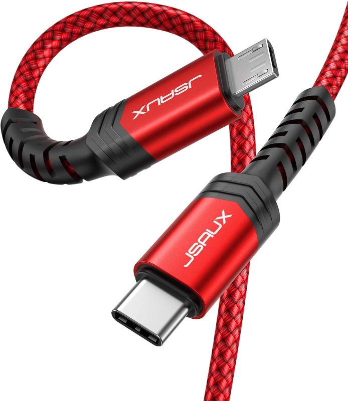 Photo 1 of JSAUX USB C to Micro USB Cable 6.6FT, Type C to Micro USB Charger Braided Cord? Support Charge & Sync Compatible with MacBook (Pro),Galaxy S8, S9, S10, Pixel 3 XL, 2 XL and Micro USB Devices- Red/2M
