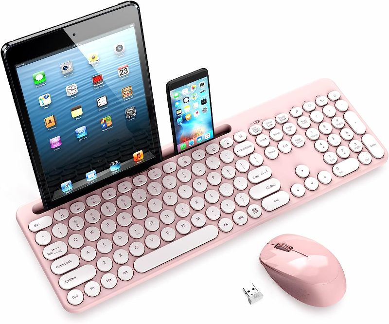 Photo 1 of Wireless Keyboard and Mouse Combo with Phone and Tablet Holder, LeadsaiL Wireless USB Mouse and Full-Sized Computer Keyboard Set for Windows Laptop, Desktop, PC-Pink
