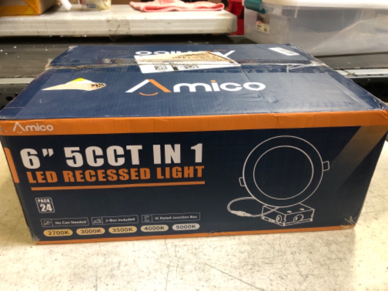 Photo 2 of Amico 24 Pack 6 Inch 5CCT Ultra-Thin LED Recessed Ceiling Light with Junction Box, 2700K/3000K/3500K/4000K/5000K Selectable, 1050LM Brightness, Dimmable Canless Wafer Downlight, 12W Eqv 110W-ETL&FCC