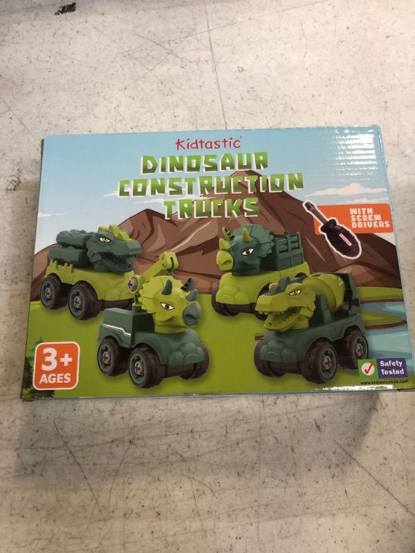 Photo 1 of Kidtastic Dinosaur Construction Trucks Toys for Ages 3-6 Kids 4 Pack, Baby Boys Girls STEM Learning Toys, Toddlers, Dump Truck Toy, Screwdrivers Included
