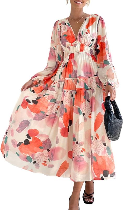 Photo 1 of Women's Boho Floral Midi Dress Long Sleeve V Neck Tiered Smocked Beach Flowy Maxi Dress  S
