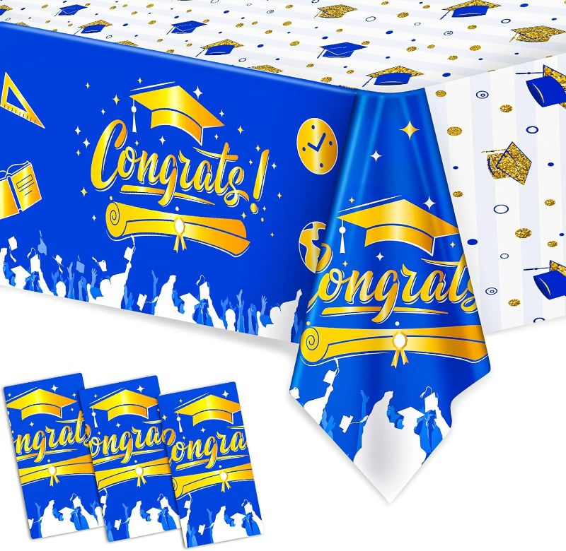 Photo 1 of 3-Pack Graduation Tablecloths, Class of 2023 Graduation Party Decorations Supplies, Plastic Congrats Grad Party Table Covers, Blue & Gold, Large Size 54"x108"

